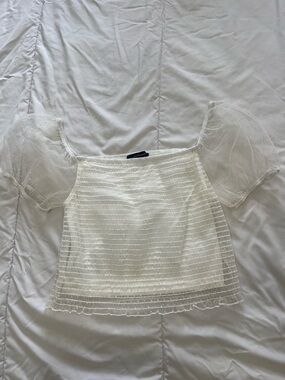 Sheer Puff Sleeve White Square-Neck Women's Top